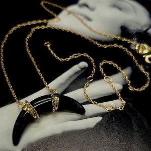 STELLA & DOT Rhinestone Arc Necklace Black double Horn Cresent Goldtone Chain